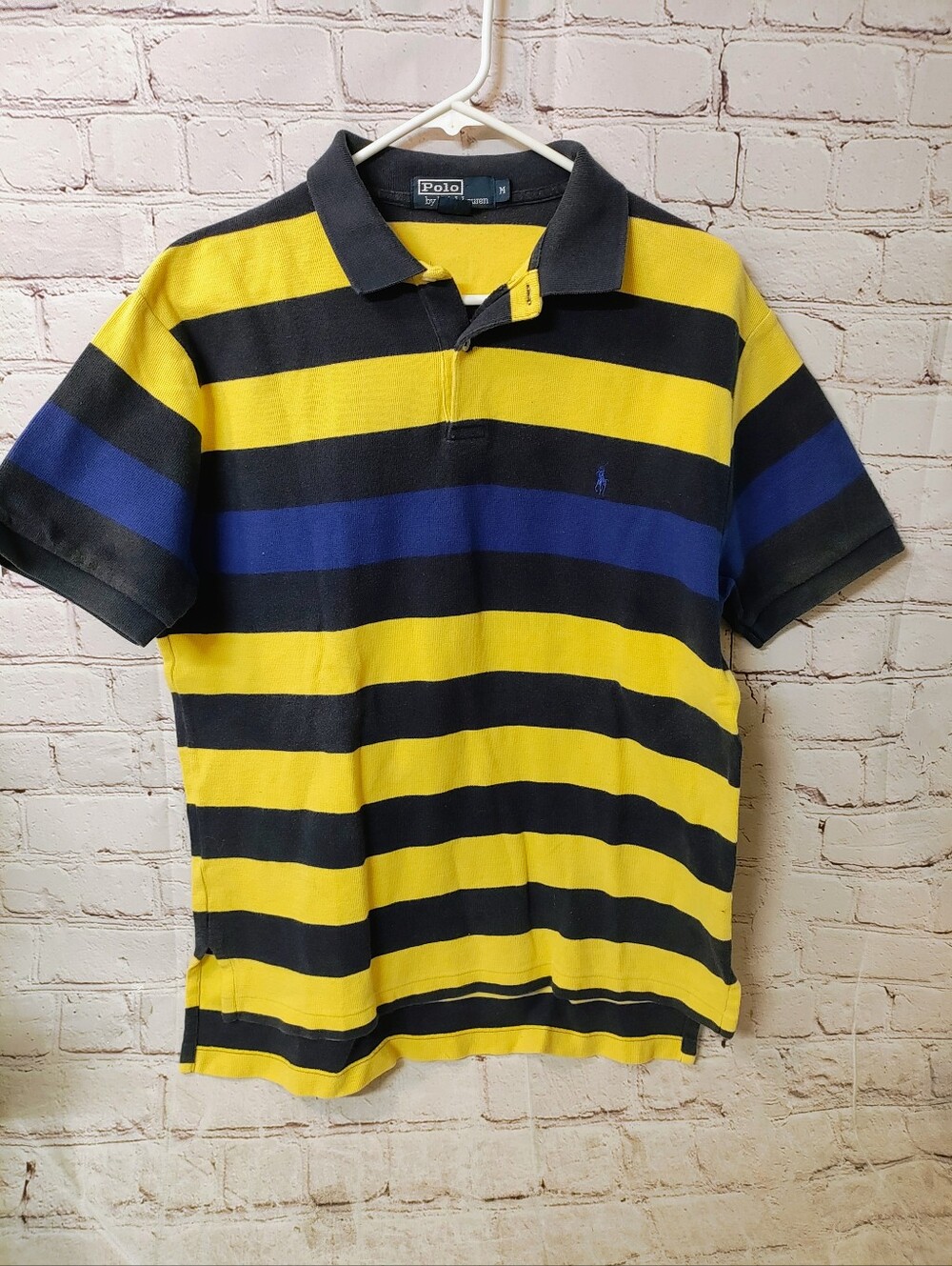 Polo Ralph Lauren Yellow Blue Y2K Striped Cotton Medium Vtg Shirt